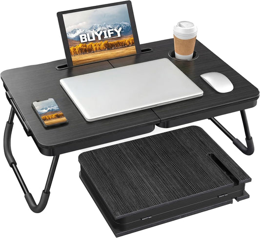 23.4" Foldable Lap Desk Bed Table with Cup Holder Tray Black