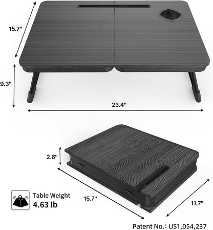23.4" Foldable Lap Desk Bed Table with Cup Holder Tray Black