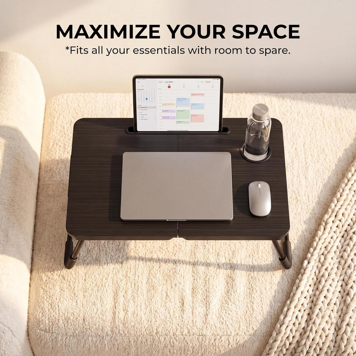 23.4" Foldable Lap Desk Bed Table with Cup Holder Tray Black