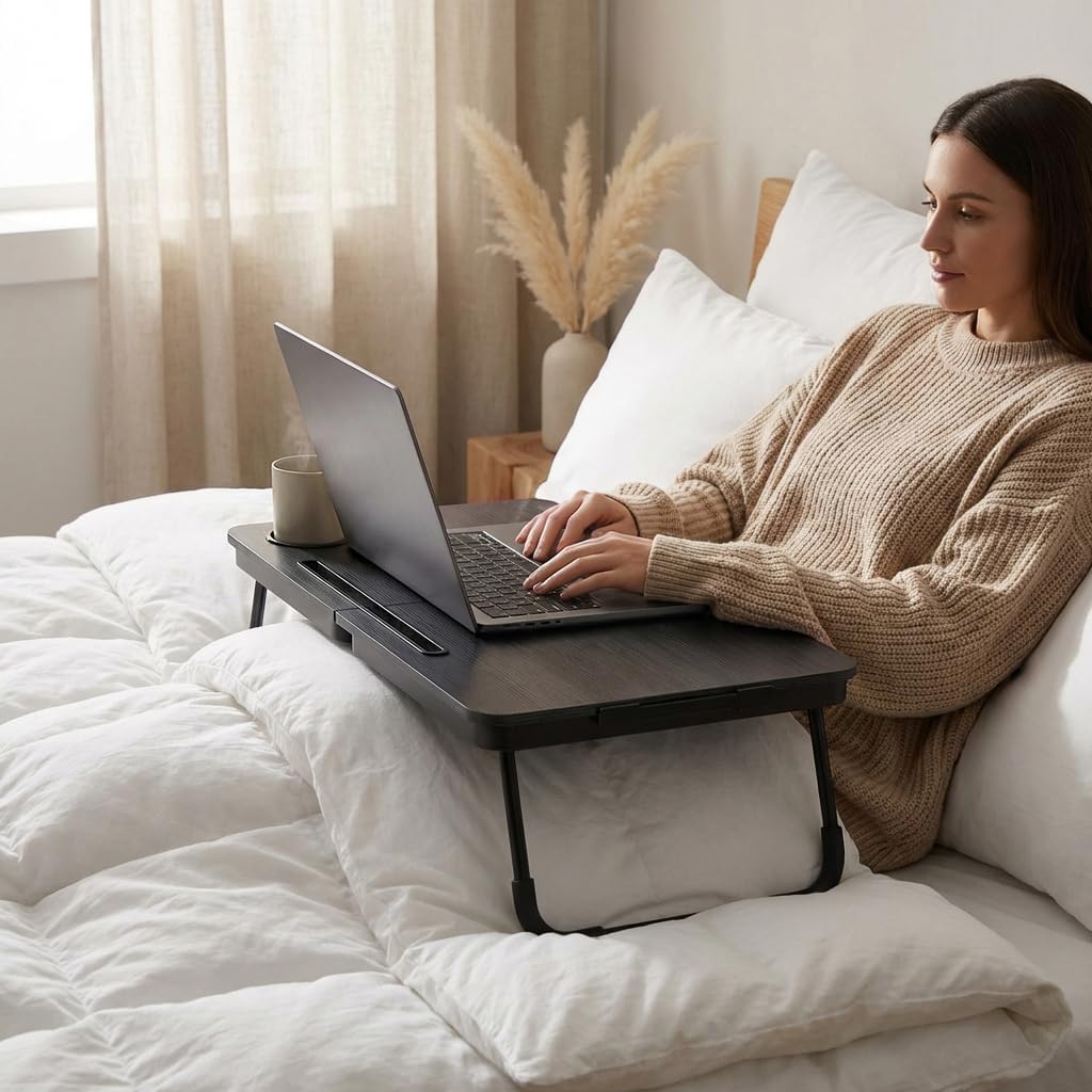 23.4" Foldable Lap Desk Bed Table with Cup Holder Tray Black