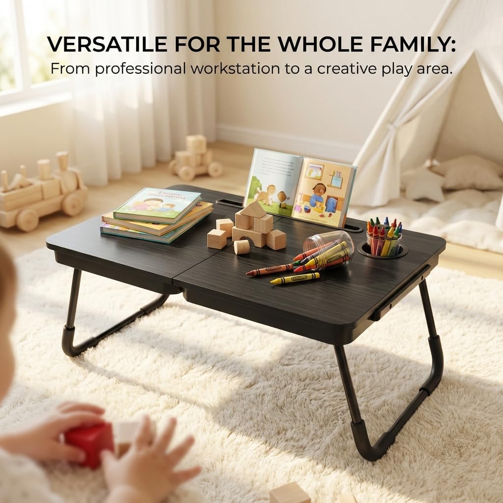 23.4" Foldable Lap Desk Bed Table with Cup Holder Tray Black