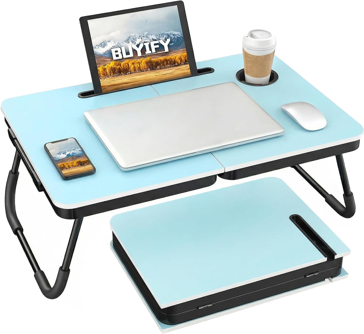 23.4" Foldable Lap Desk Bed Table with Cup Holder Tray Black