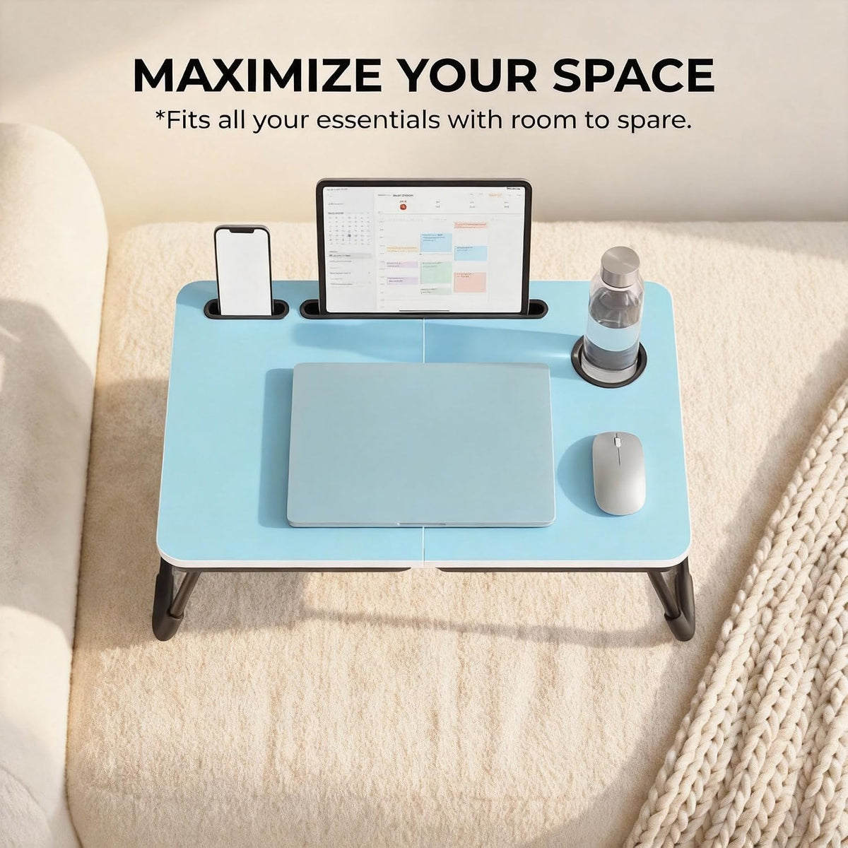 23.4" Foldable Lap Desk Bed Table with Cup Holder Tray Black
