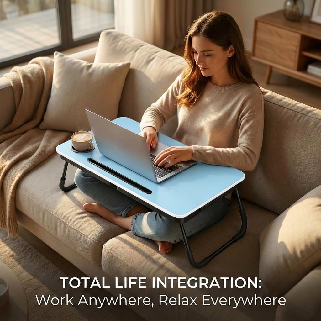 23.4" Foldable Lap Desk Bed Table with Cup Holder Tray Black