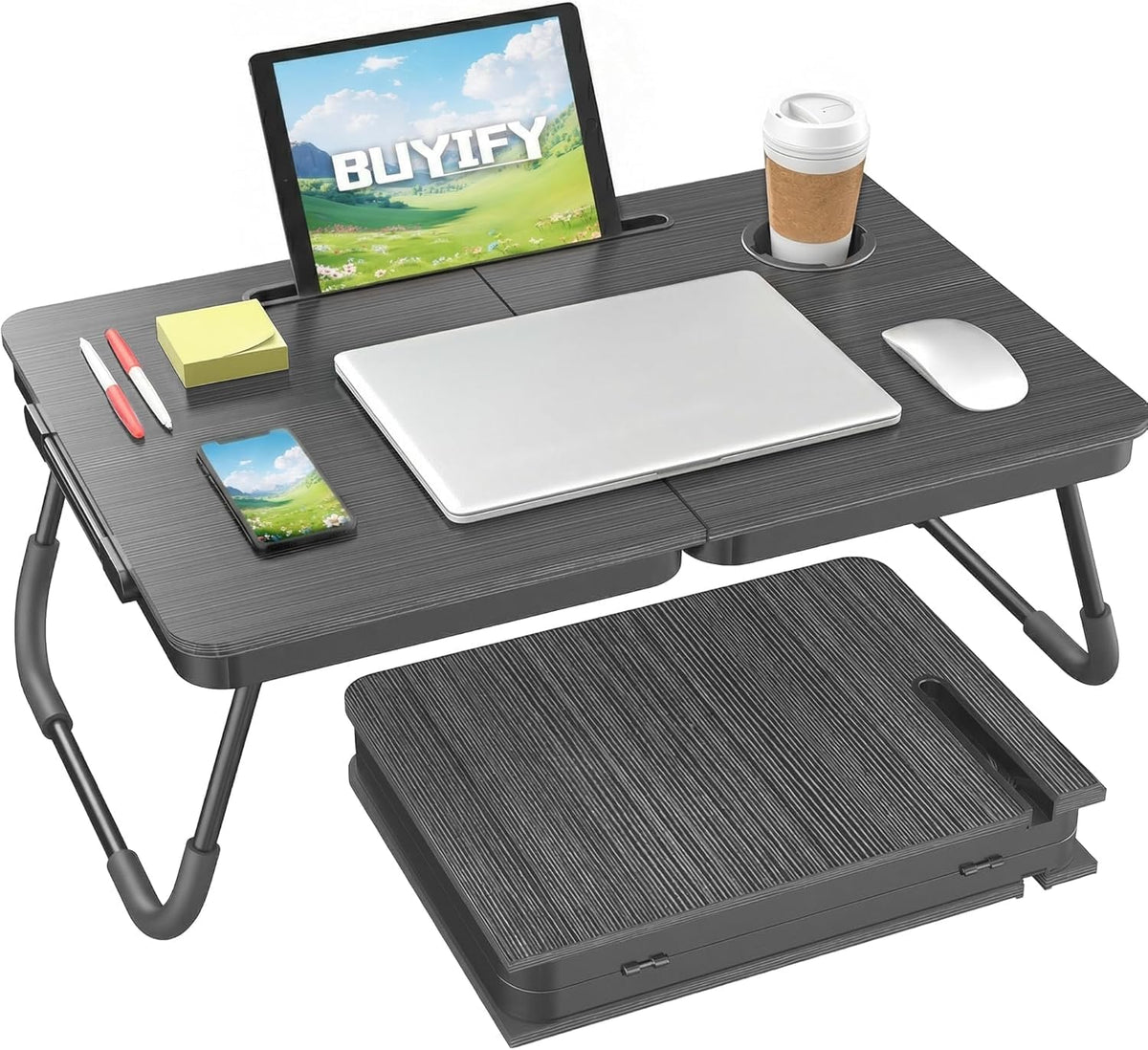 23.4" Foldable Lap Desk Bed Table with Cup Holder Tray Black