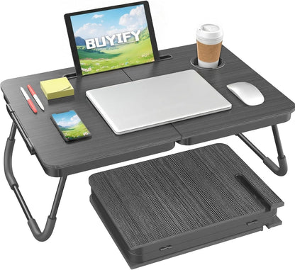 23.4" Foldable Lap Desk Bed Table with Cup Holder Tray Black