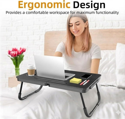 23.4" Foldable Lap Desk Bed Table with Cup Holder Tray Black