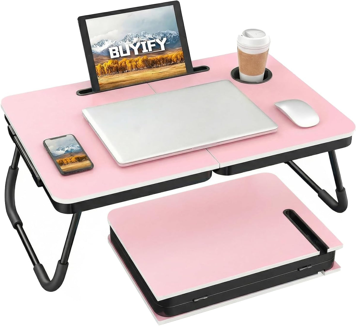 23.4" Foldable Lap Desk Bed Table with Cup Holder Tray Black