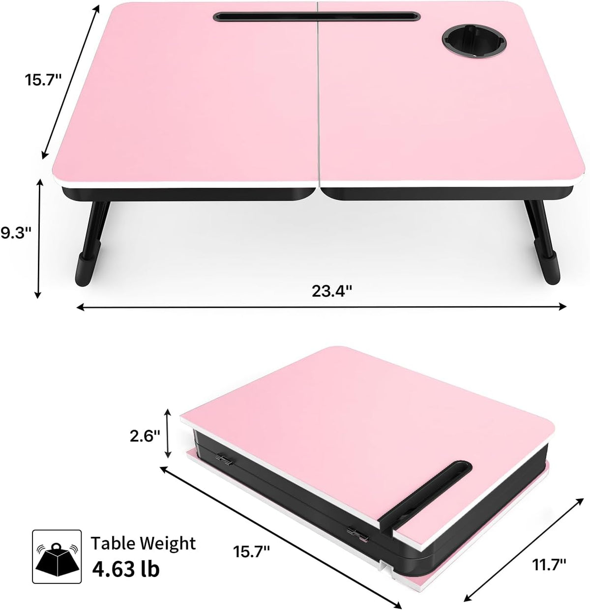23.4" Foldable Lap Desk Bed Table with Cup Holder Tray Black