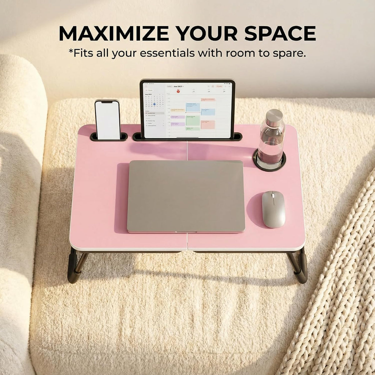 23.4" Foldable Lap Desk Bed Table with Cup Holder Tray Black