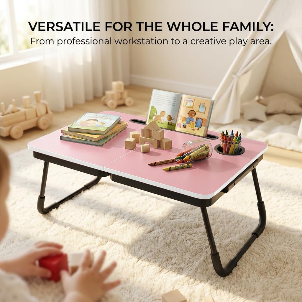23.4" Foldable Lap Desk Bed Table with Cup Holder Tray Black
