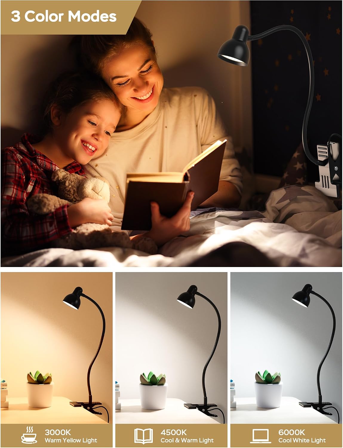 Clip-on Reading Light - 3 Color Modes, 10 Dimmable Brightness,Black