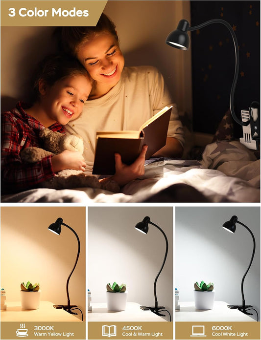 Clip-on Reading Light - 3 Color Modes, 10 Dimmable Brightness,Black
