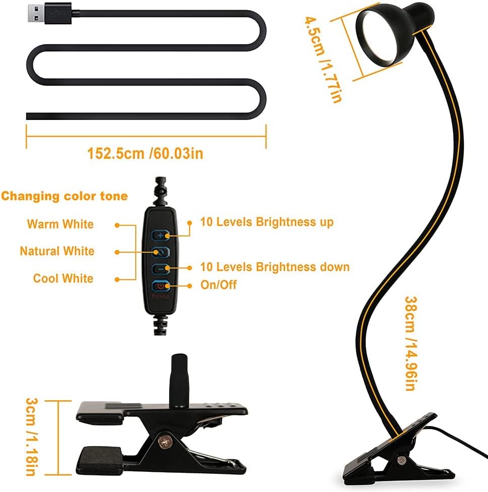 Clip-on Reading Light - 3 Color Modes, 10 Dimmable Brightness,Black