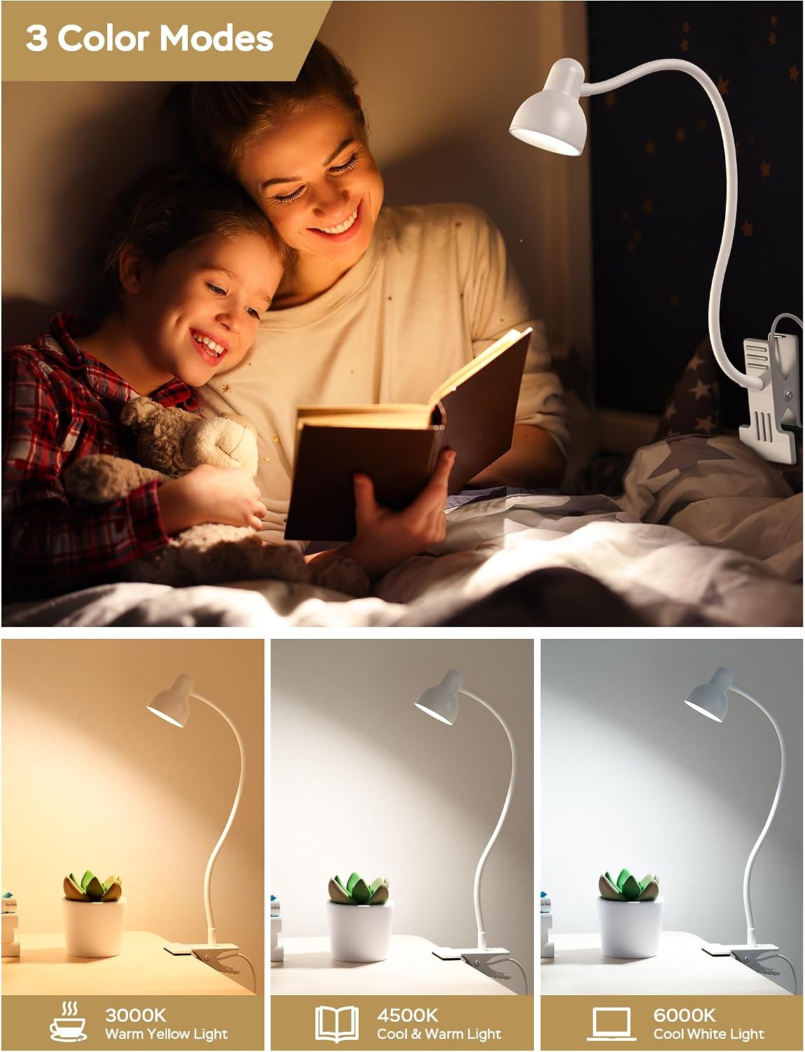 Clip-on Reading Light - 3 Color Modes, 10 Dimmable Brightness,Black