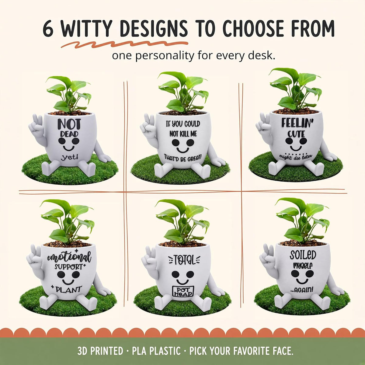 Funny Face Indoor Head Planter Pot, 3D Printed, Unique Small Succulent Flower Pot, Cute Cactus Planter, Indoor Home Decor, Office Desk Plant Pot, Novelty Gardening Gift Set