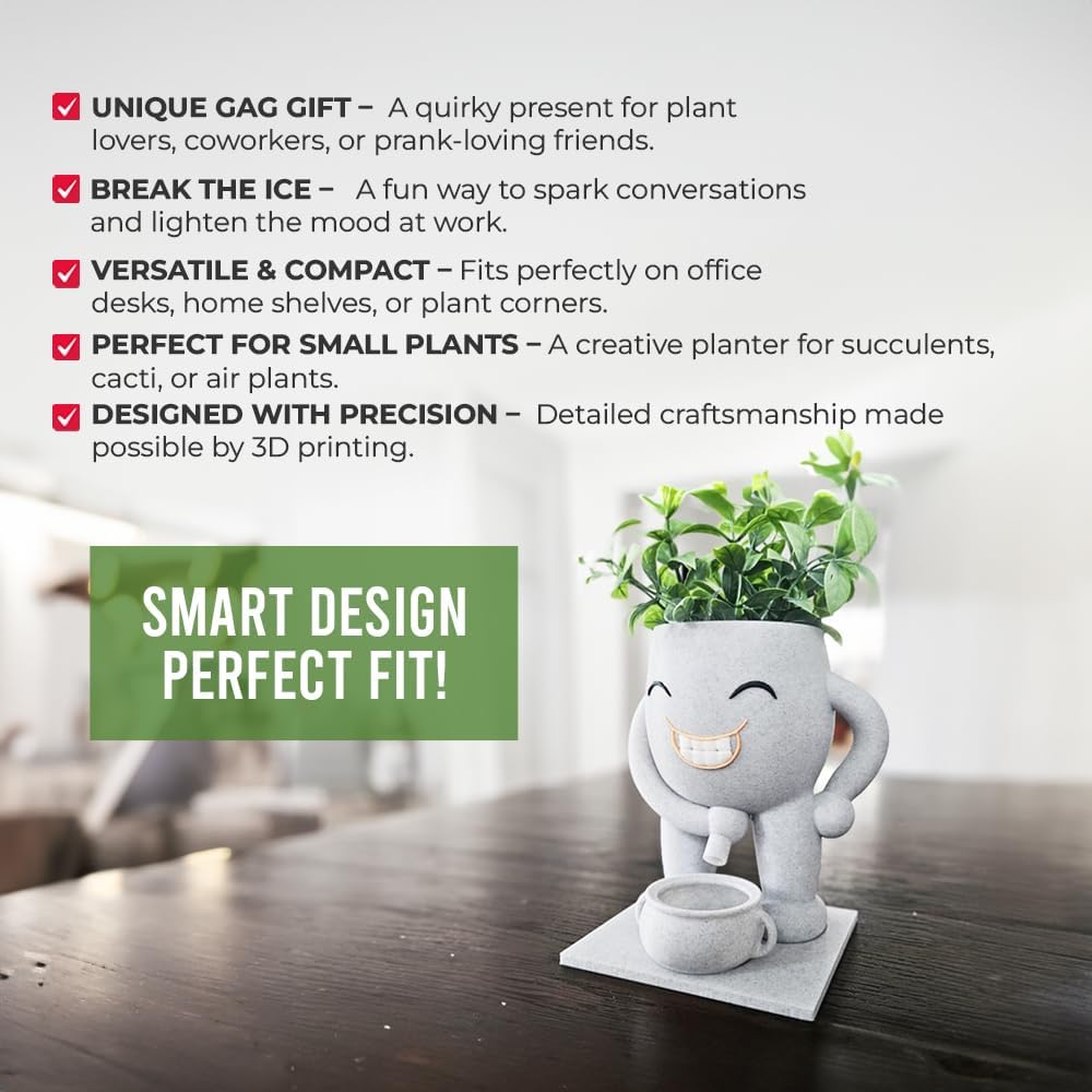Funny Face Indoor Head Planter Pot, 3D Printed, Unique Small Succulent Flower Pot, Cute Cactus Planter, Indoor Home Decor, Office Desk Plant Pot, Novelty Gardening Gift Set