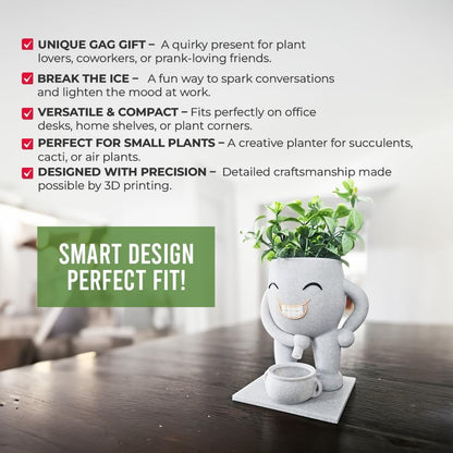 Funny Face Indoor Head Planter Pot, 3D Printed, Unique Small Succulent Flower Pot, Cute Cactus Planter, Indoor Home Decor, Office Desk Plant Pot, Novelty Gardening Gift Set