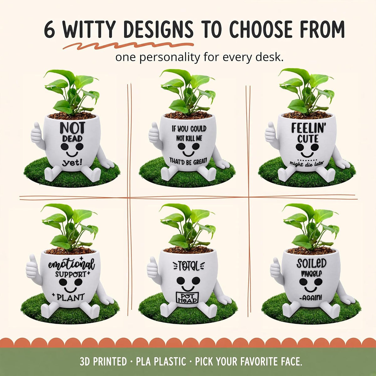 Funny Face Indoor Head Planter Pot, 3D Printed, Unique Small Succulent Flower Pot, Cute Cactus Planter, Indoor Home Decor, Office Desk Plant Pot, Novelty Gardening Gift Set