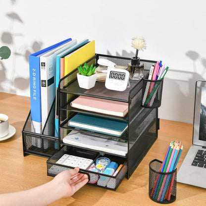 Desk Organizer with File Holder, 5-Tier Paper Letter Tray Organizer with Drawer and 2 Pen Holder, Mesh Desktop Organizer and Storage with Magazine Holder for Office Supplies(Black)
