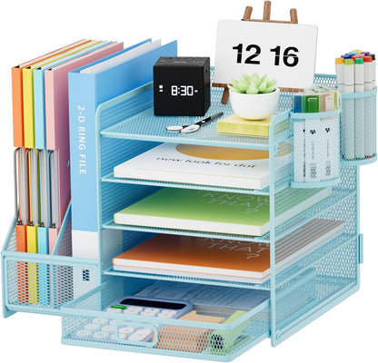 Desk Organizer with File Holder, 5-Tier Paper Letter Tray Organizer with Drawer and 2 Pen Holder, Mesh Desktop Organizer and Storage with Magazine Holder for Office Supplies(Black)
