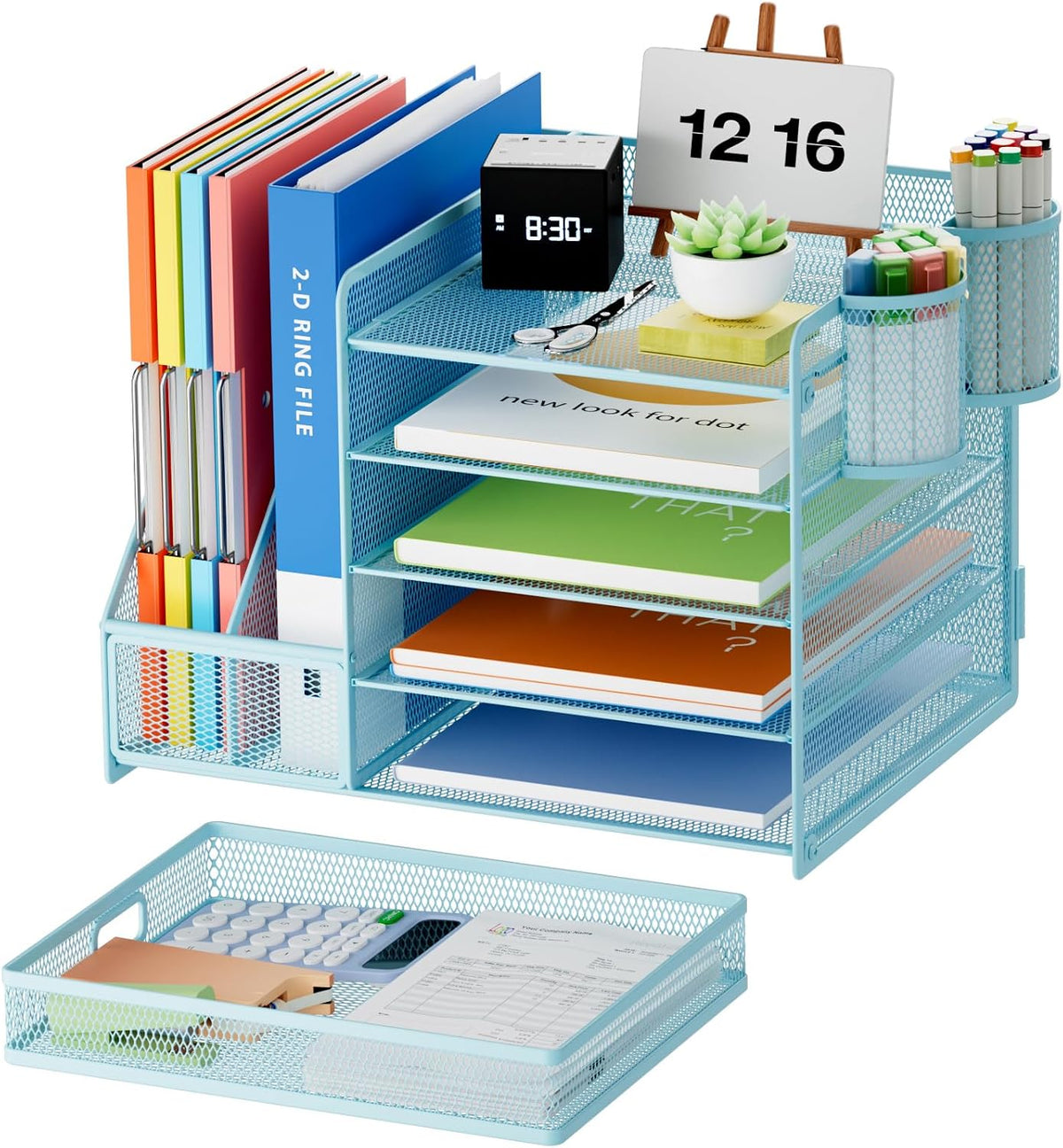 Desk Organizer with File Holder, 5-Tier Paper Letter Tray Organizer with Drawer and 2 Pen Holder, Mesh Desktop Organizer and Storage with Magazine Holder for Office Supplies(Black)