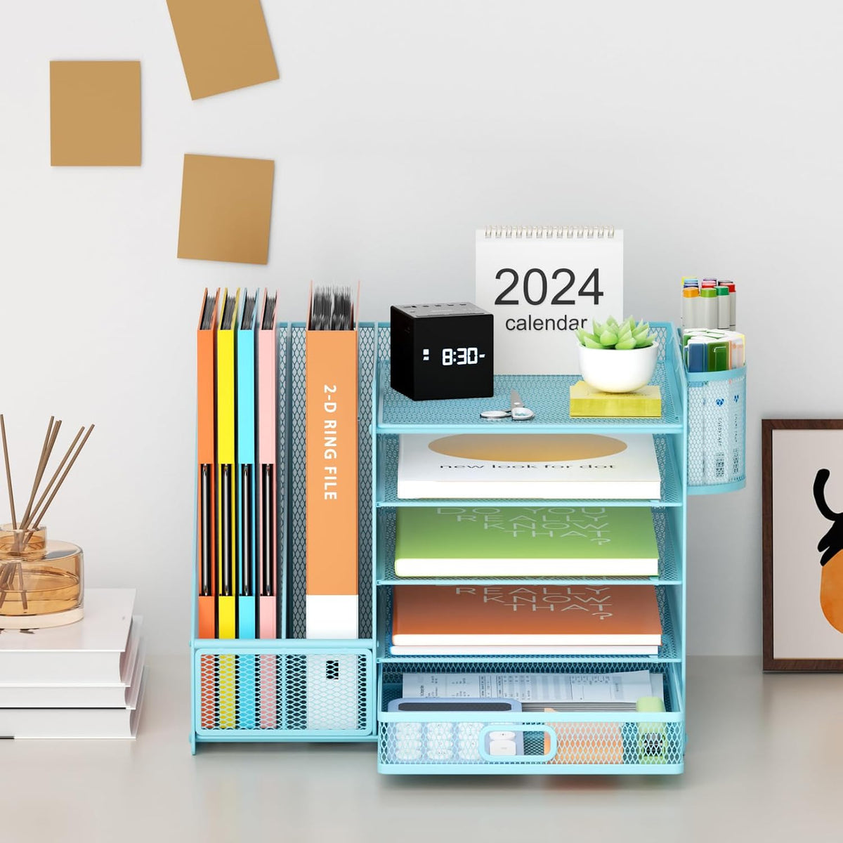 Desk Organizer with File Holder, 5-Tier Paper Letter Tray Organizer with Drawer and 2 Pen Holder, Mesh Desktop Organizer and Storage with Magazine Holder for Office Supplies(Black)