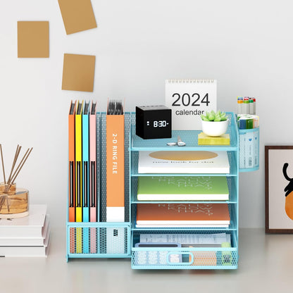 Desk Organizer with File Holder, 5-Tier Paper Letter Tray Organizer with Drawer and 2 Pen Holder, Mesh Desktop Organizer and Storage with Magazine Holder for Office Supplies(Black)