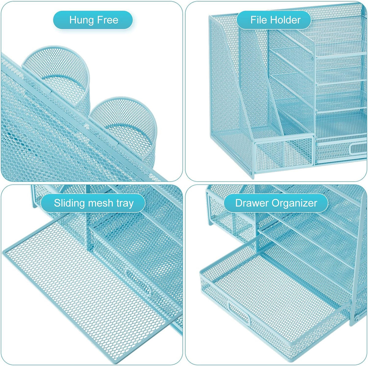 Desk Organizer with File Holder, 5-Tier Paper Letter Tray Organizer with Drawer and 2 Pen Holder, Mesh Desktop Organizer and Storage with Magazine Holder for Office Supplies(Black)