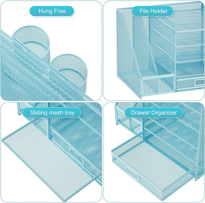 Desk Organizer with File Holder, 5-Tier Paper Letter Tray Organizer with Drawer and 2 Pen Holder, Mesh Desktop Organizer and Storage with Magazine Holder for Office Supplies(Black)