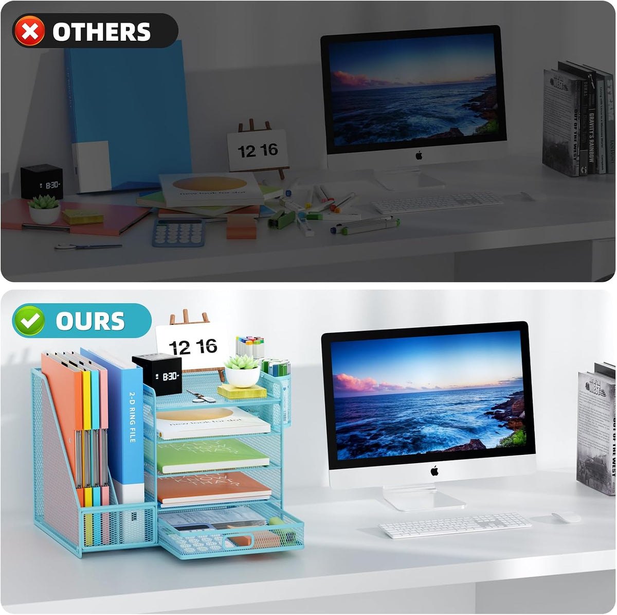 Desk Organizer with File Holder, 5-Tier Paper Letter Tray Organizer with Drawer and 2 Pen Holder, Mesh Desktop Organizer and Storage with Magazine Holder for Office Supplies(Black)