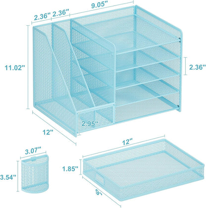 Desk Organizer with File Holder, 5-Tier Paper Letter Tray Organizer with Drawer and 2 Pen Holder, Mesh Desktop Organizer and Storage with Magazine Holder for Office Supplies(Black)