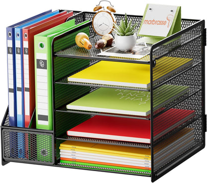 Desk Organizer with File Holder, 5-Tier Paper Letter Tray Organizer with Drawer and 2 Pen Holder, Mesh Desktop Organizer and Storage with Magazine Holder for Office Supplies(Black)