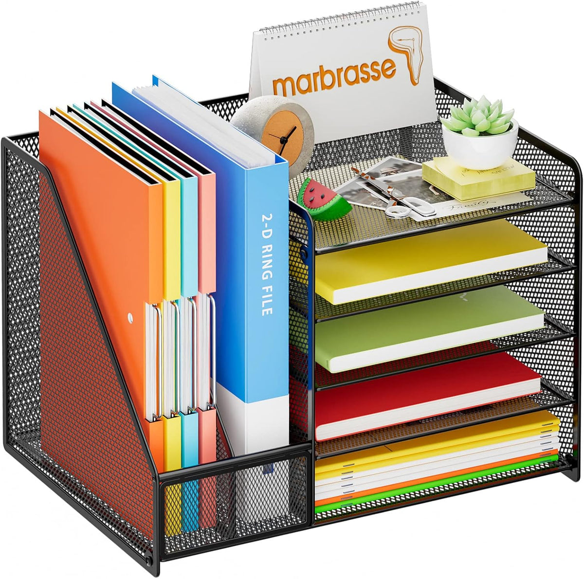 Desk Organizer with File Holder, 5-Tier Paper Letter Tray Organizer with Drawer and 2 Pen Holder, Mesh Desktop Organizer and Storage with Magazine Holder for Office Supplies(Black)