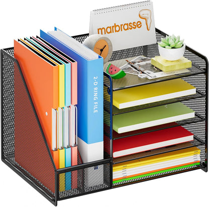 Desk Organizer with File Holder, 5-Tier Paper Letter Tray Organizer with Drawer and 2 Pen Holder, Mesh Desktop Organizer and Storage with Magazine Holder for Office Supplies(Black)