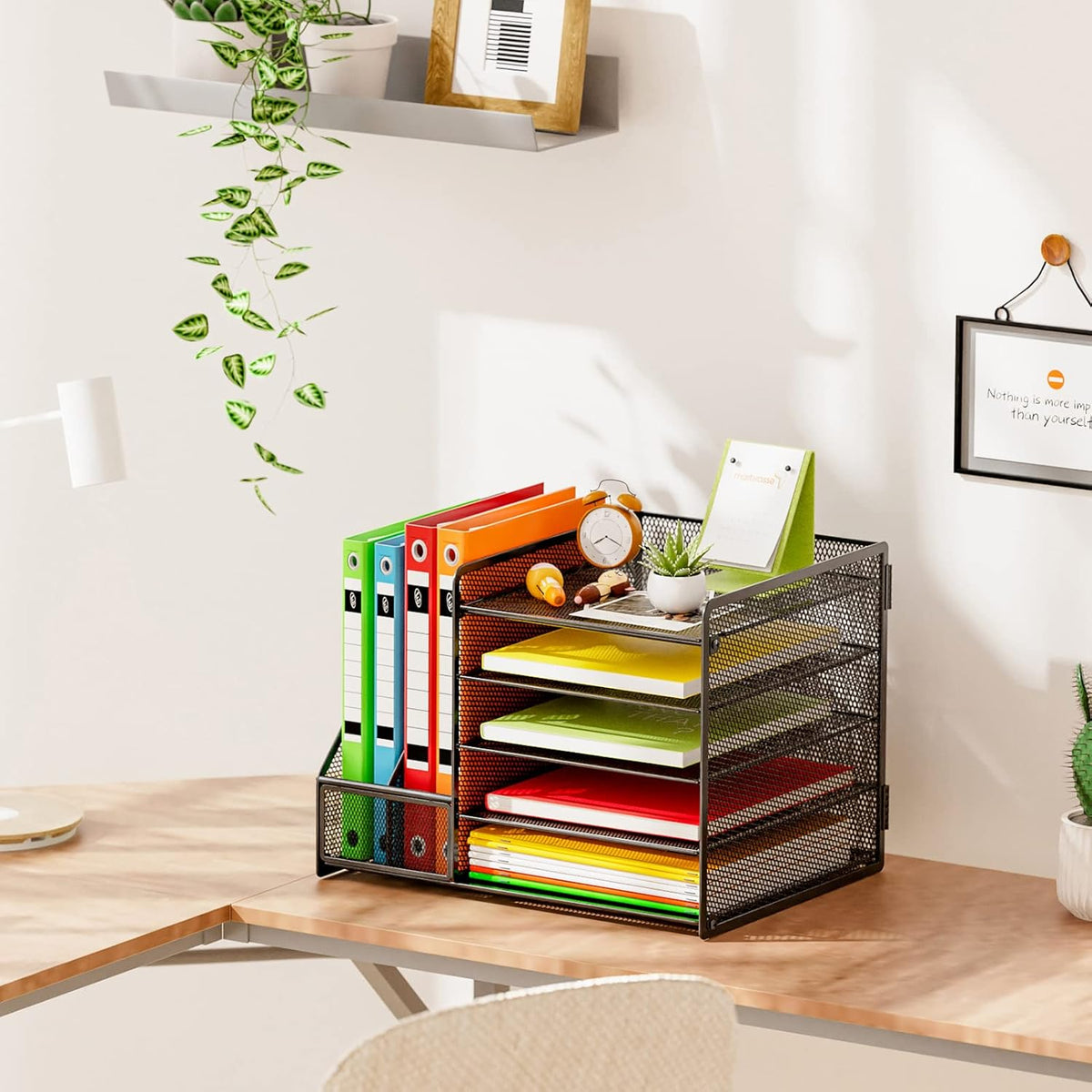Desk Organizer with File Holder, 5-Tier Paper Letter Tray Organizer with Drawer and 2 Pen Holder, Mesh Desktop Organizer and Storage with Magazine Holder for Office Supplies(Black)