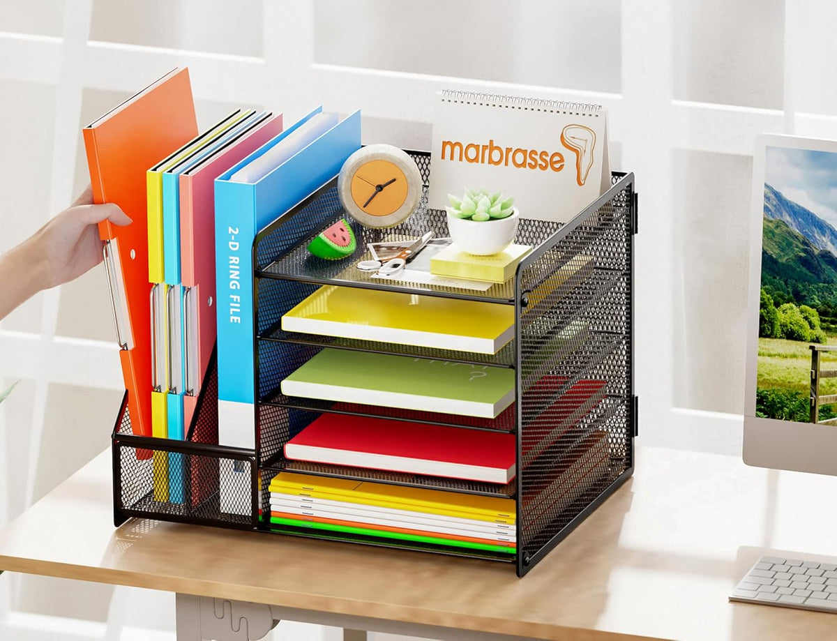 Desk Organizer with File Holder, 5-Tier Paper Letter Tray Organizer with Drawer and 2 Pen Holder, Mesh Desktop Organizer and Storage with Magazine Holder for Office Supplies(Black)