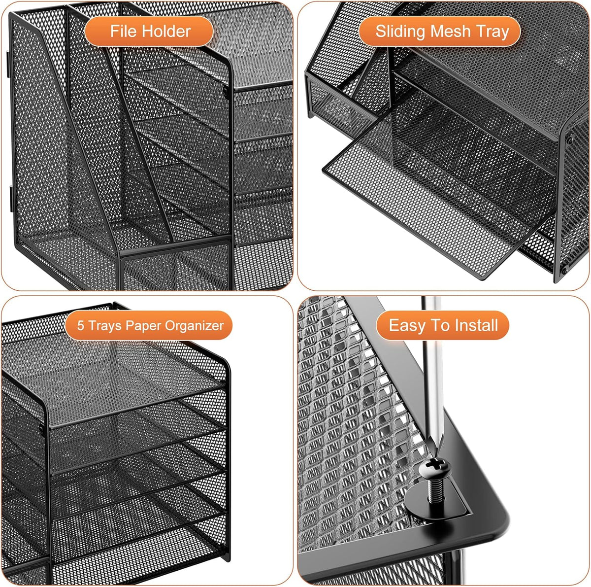 Desk Organizer with File Holder, 5-Tier Paper Letter Tray Organizer with Drawer and 2 Pen Holder, Mesh Desktop Organizer and Storage with Magazine Holder for Office Supplies(Black)