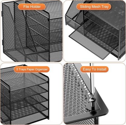 Desk Organizer with File Holder, 5-Tier Paper Letter Tray Organizer with Drawer and 2 Pen Holder, Mesh Desktop Organizer and Storage with Magazine Holder for Office Supplies(Black)