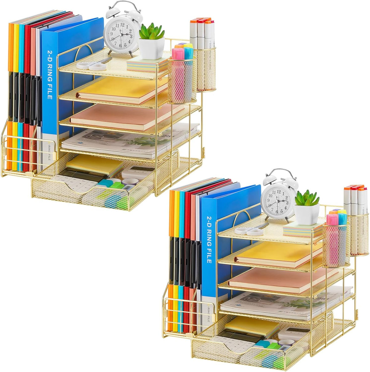 Desk Organizer with File Holder, 5-Tier Paper Letter Tray Organizer with Drawer and 2 Pen Holder, Mesh Desktop Organizer and Storage with Magazine Holder for Office Supplies(Black)