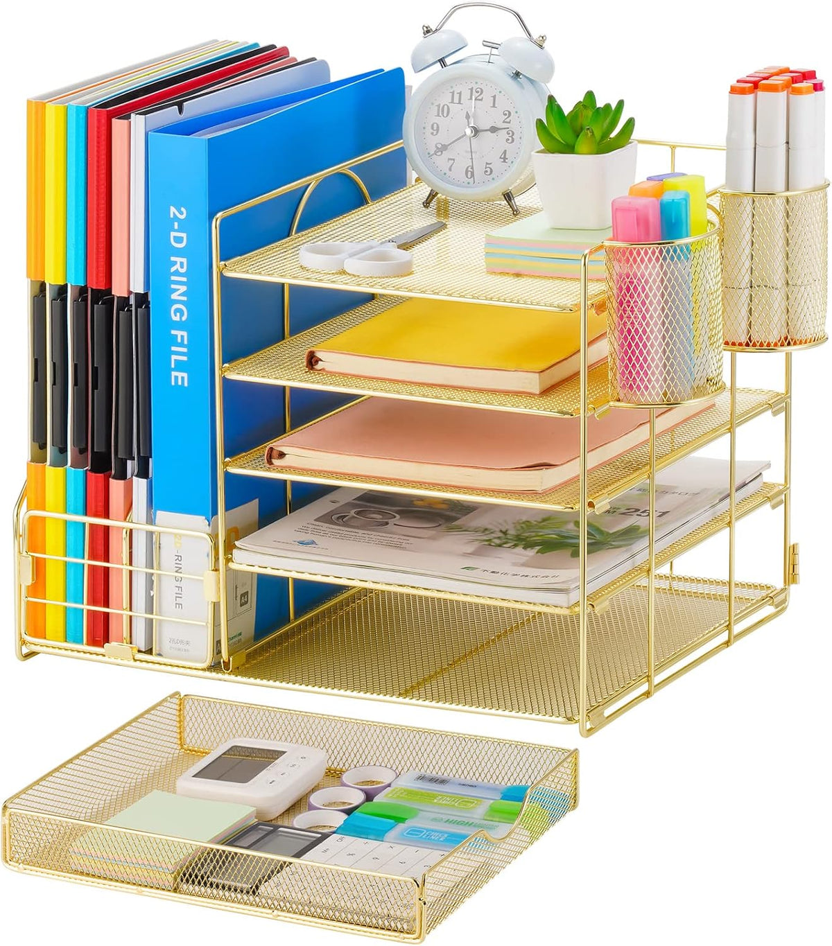 Desk Organizer with File Holder, 5-Tier Paper Letter Tray Organizer with Drawer and 2 Pen Holder, Mesh Desktop Organizer and Storage with Magazine Holder for Office Supplies(Black)