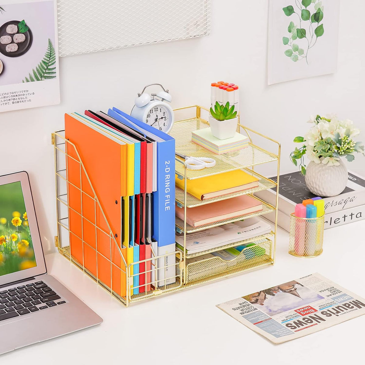 Desk Organizer with File Holder, 5-Tier Paper Letter Tray Organizer with Drawer and 2 Pen Holder, Mesh Desktop Organizer and Storage with Magazine Holder for Office Supplies(Black)