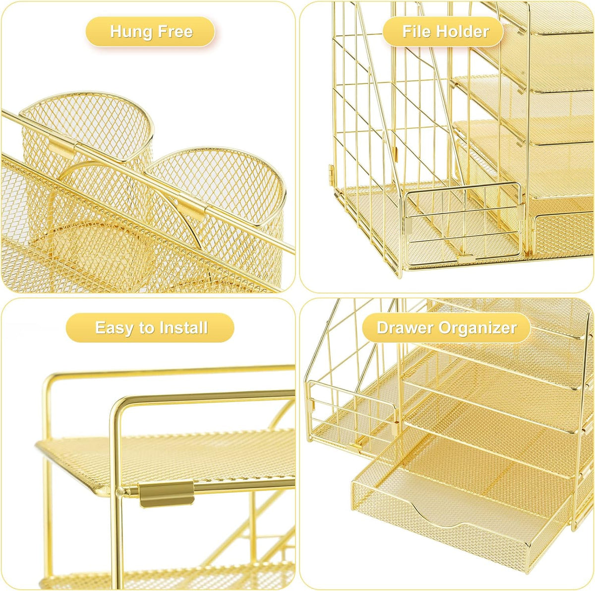 Desk Organizer with File Holder, 5-Tier Paper Letter Tray Organizer with Drawer and 2 Pen Holder, Mesh Desktop Organizer and Storage with Magazine Holder for Office Supplies(Black)