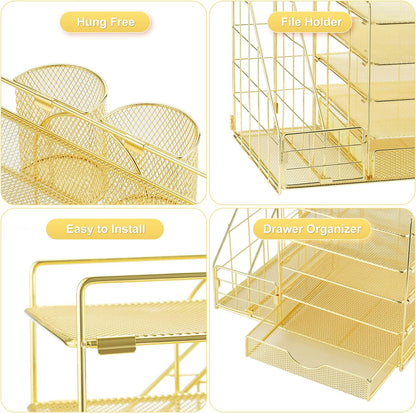 Desk Organizer with File Holder, 5-Tier Paper Letter Tray Organizer with Drawer and 2 Pen Holder, Mesh Desktop Organizer and Storage with Magazine Holder for Office Supplies(Black)