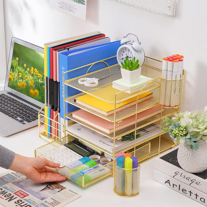 Desk Organizer with File Holder, 5-Tier Paper Letter Tray Organizer with Drawer and 2 Pen Holder, Mesh Desktop Organizer and Storage with Magazine Holder for Office Supplies(Black)