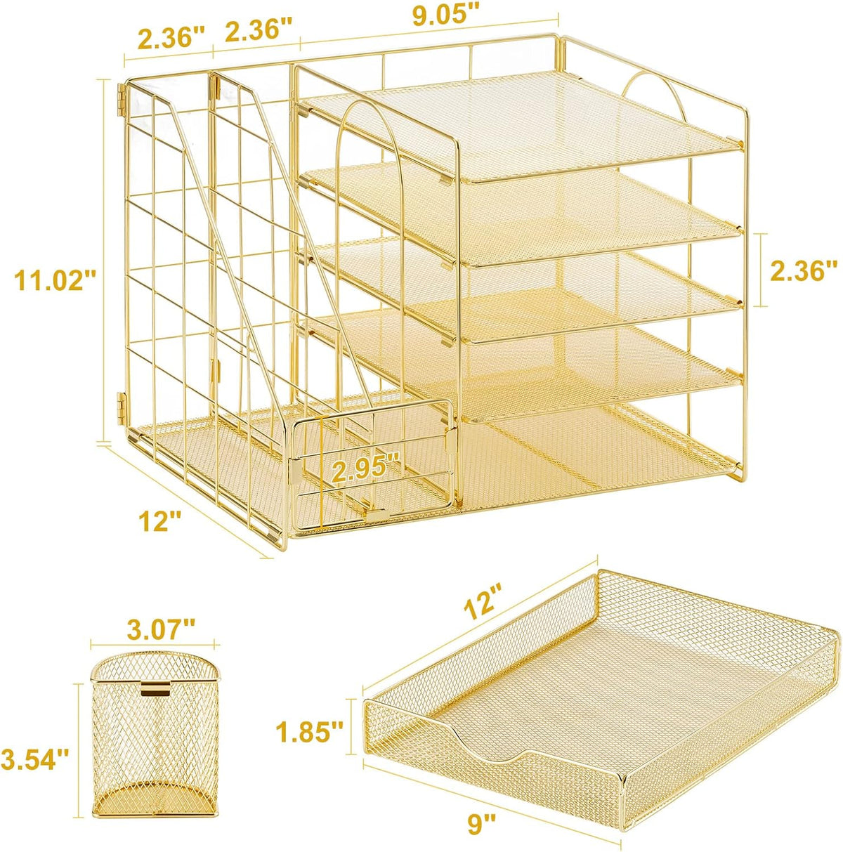 Desk Organizer with File Holder, 5-Tier Paper Letter Tray Organizer with Drawer and 2 Pen Holder, Mesh Desktop Organizer and Storage with Magazine Holder for Office Supplies(Black)