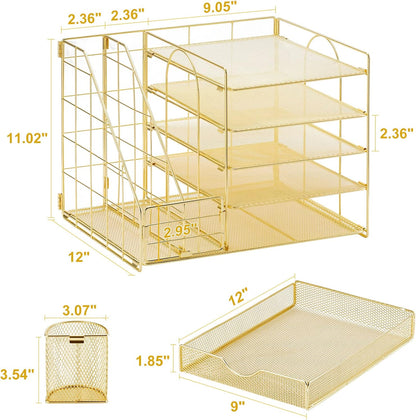 Desk Organizer with File Holder, 5-Tier Paper Letter Tray Organizer with Drawer and 2 Pen Holder, Mesh Desktop Organizer and Storage with Magazine Holder for Office Supplies(Black)