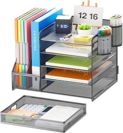 Desk Organizer with File Holder, 5-Tier Paper Letter Tray Organizer with Drawer and 2 Pen Holder, Mesh Desktop Organizer and Storage with Magazine Holder for Office Supplies(Black)