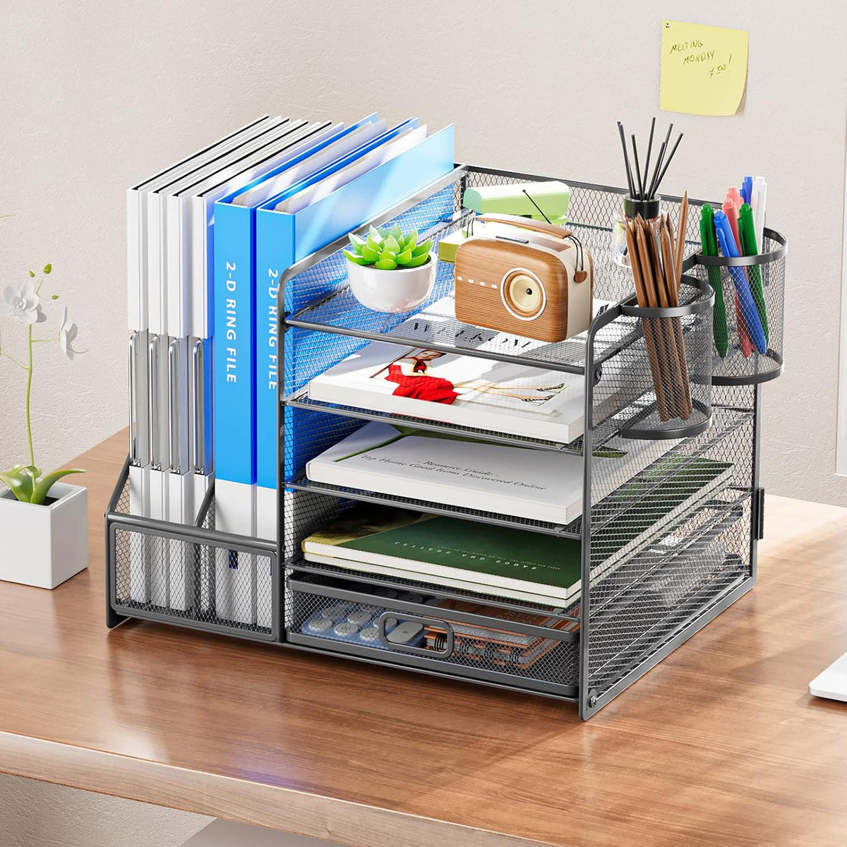 Desk Organizer with File Holder, 5-Tier Paper Letter Tray Organizer with Drawer and 2 Pen Holder, Mesh Desktop Organizer and Storage with Magazine Holder for Office Supplies(Black)