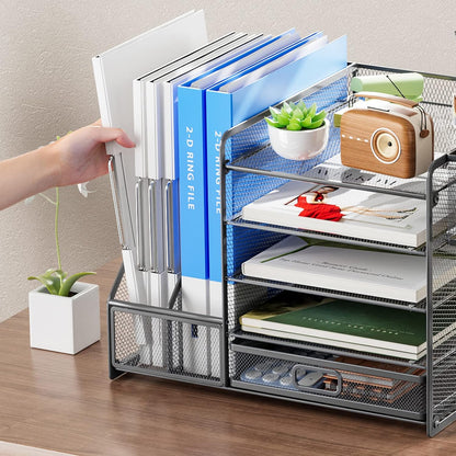 Desk Organizer with File Holder, 5-Tier Paper Letter Tray Organizer with Drawer and 2 Pen Holder, Mesh Desktop Organizer and Storage with Magazine Holder for Office Supplies(Black)